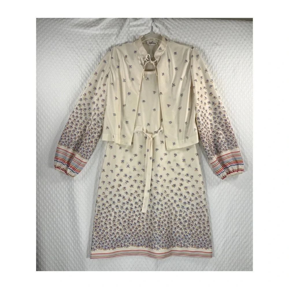 Vintage The Kollection Floral Midi Dress and Jacket Set Cream Blue Red 70s Style